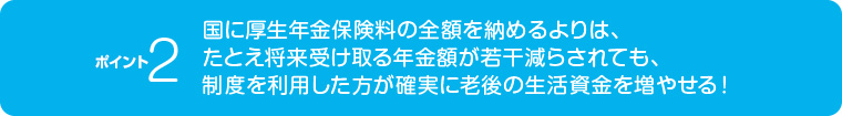 国に厚生年金保険料の全額を納めるよりも、たとえ将来受け取る年金額が若干減らされても、制度を利用した方が確実に老後の生活賃金を増やせる